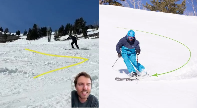 Side-by-side ski technique comparison showing annotated coach feedback