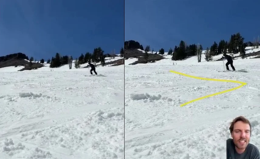 Side-by-side ski technique comparison showing annotated online coaching feedback